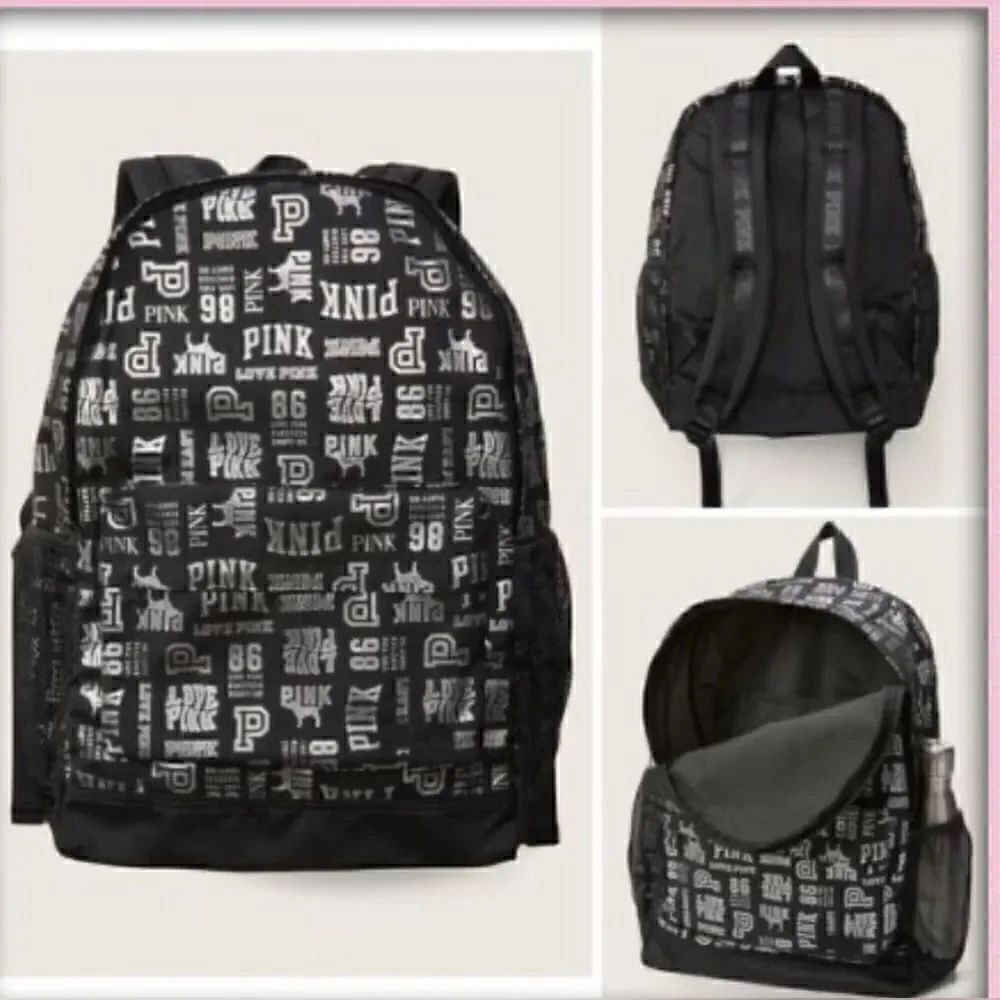 NWT VS PINK black shine all over mixed logo classic backpack
